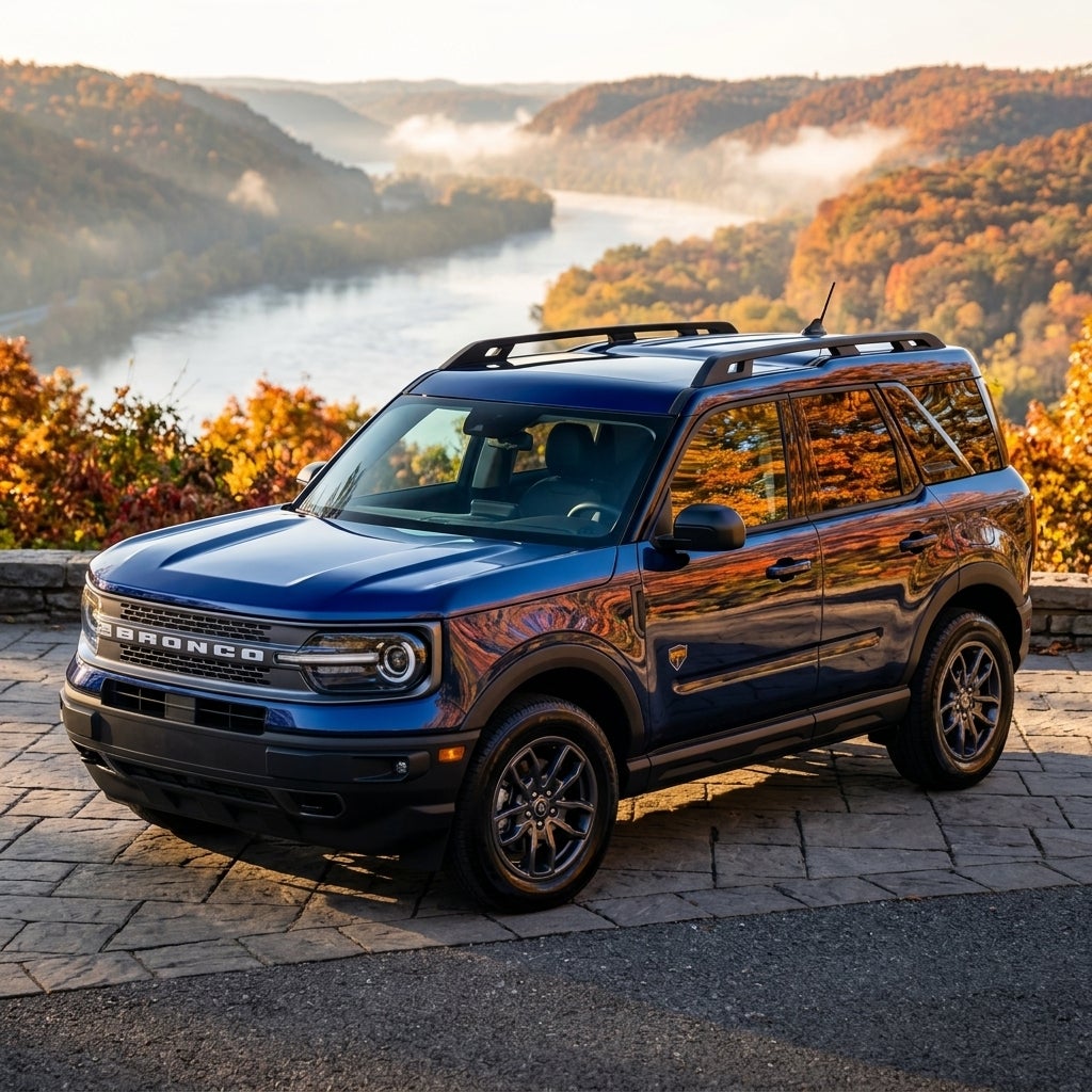 A blue Ford Bronco Sport parked at a stone overlook with a scenic misty river valley and autumn forest background. (Representative image for illustration purposes only. Actual vehicle may vary based on trim and configuration.)
