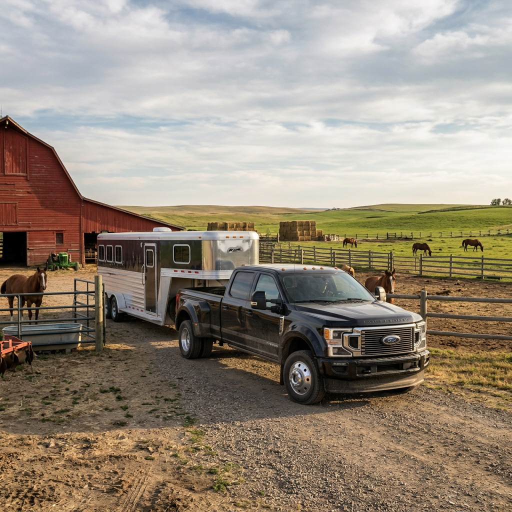 A black Ford Super Duty truck towing a silver horse trailer on a ranch next to a red barn (Representative image for illustration purposes only. Actual vehicle may vary based on trim and configuration.)