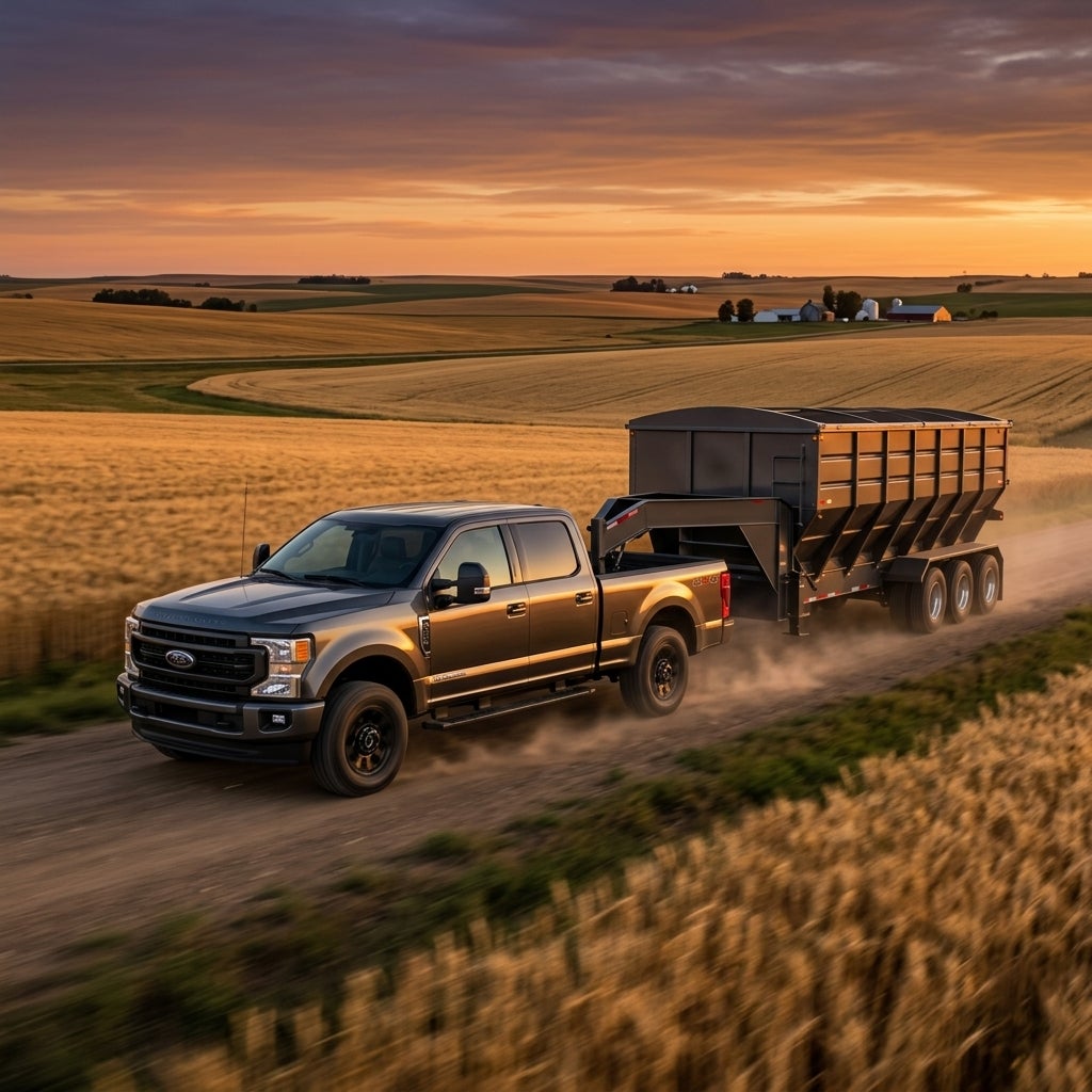A dark gray Ford pickup truck hauls a heavy black gooseneck trailer down a dirt road through wheat fields at sunset. (Representative image for illustration purposes only. Actual vehicle may vary based on trim and configuration.)