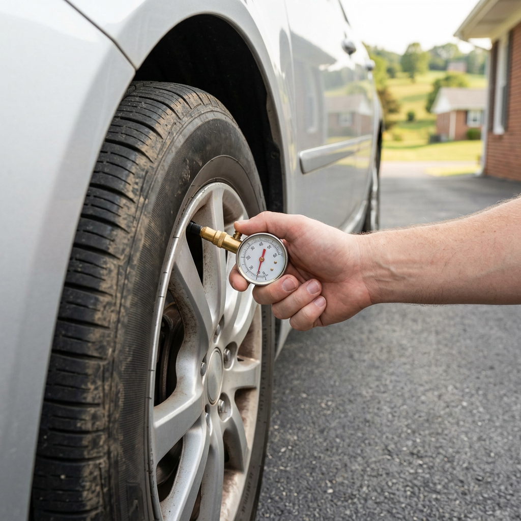 A person uses a round brass dial gauge to check the tire pressure on a silver car. (Representative image for illustration purposes only. Actual vehicle may vary based on trim and configuration.)