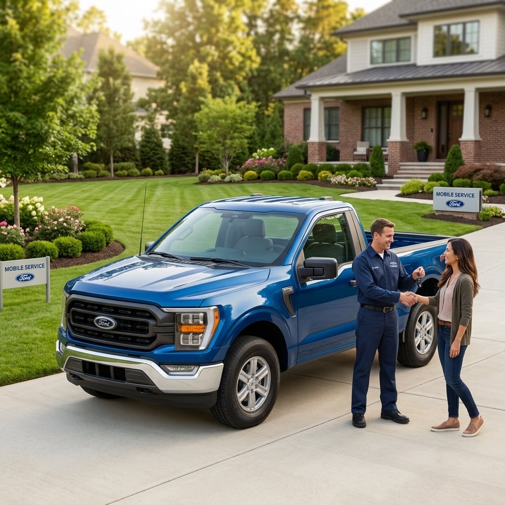 Ford Mobile Service technician hands keys to a customer next to a blue Ford pickup truck in a suburban driveway. (Representative image for illustration purposes only. Actual vehicle may vary based on trim and configuration.)