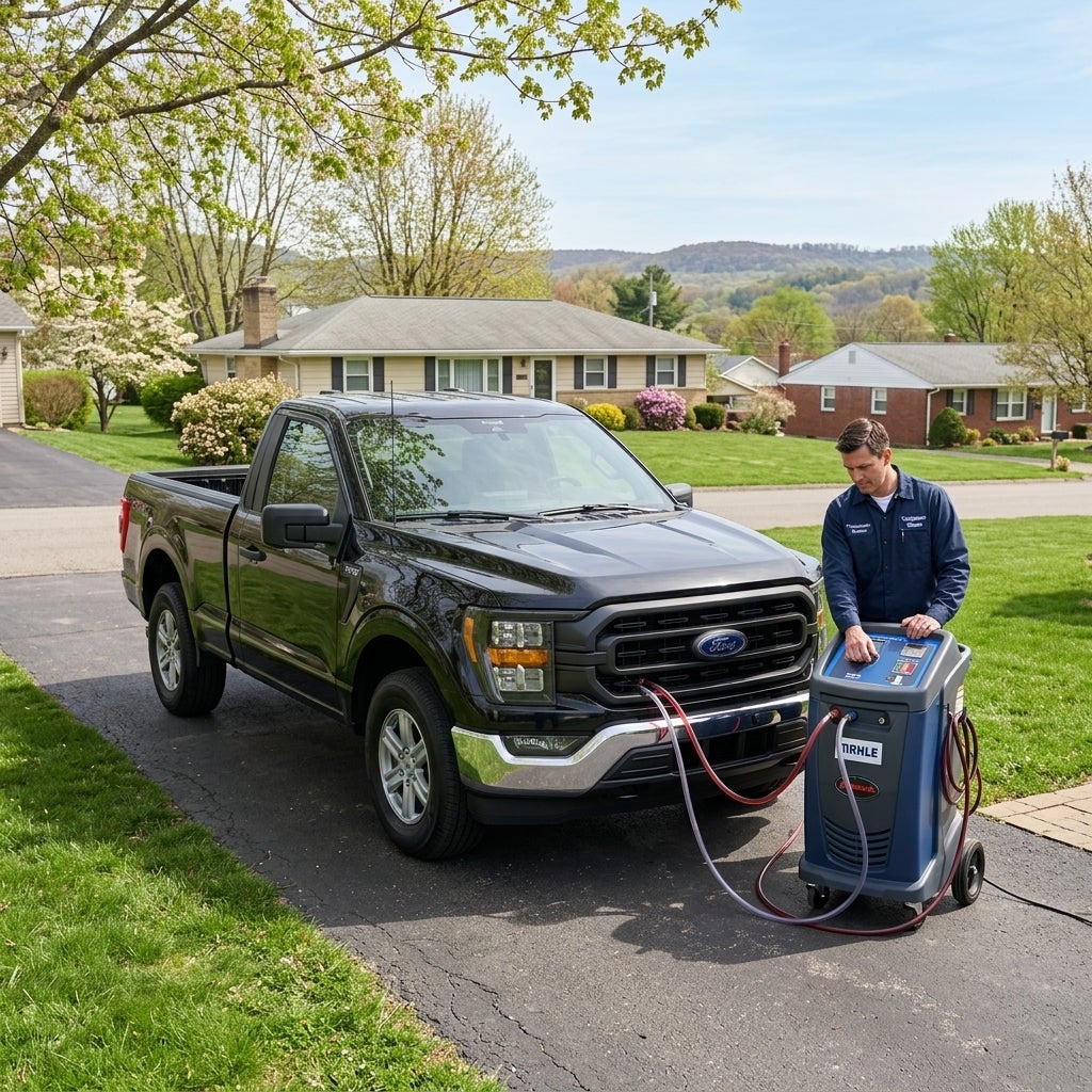 Ford F-150 pickup truck, parked in a clean asphalt driveway of a modest mid-century ranch-style home, Calcutta Ohio suburban neighborhood, late May spring morning, bright clear sky, soft sunlight filtering through budding maple trees, lush green lawn, distant rolling hills of the Appalachian Plateau