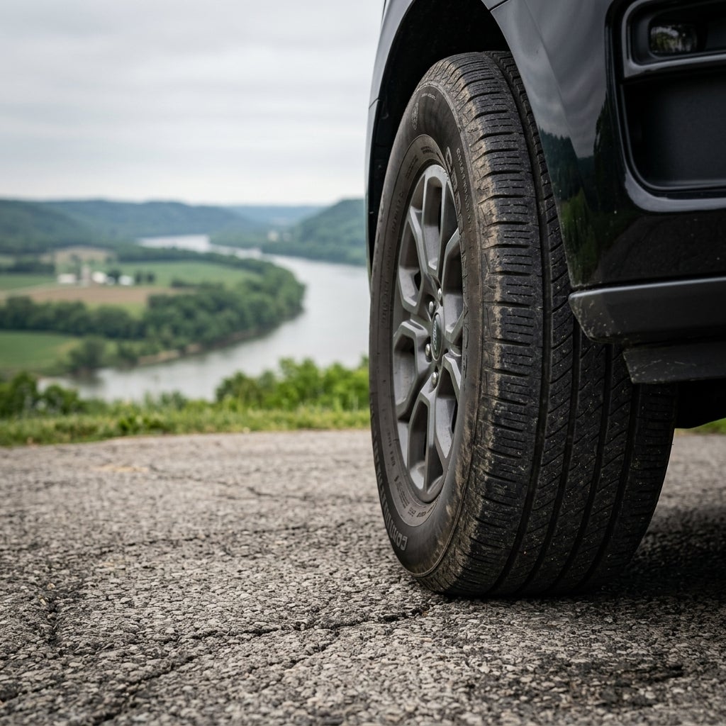 A professional automotive photograph focusing on a modern SUV parked on a paved overlook in the hilly terrain of the Ohio River Valley, a low-angle close-up shot capturing the intricate details of a worn vehicle tire with visible tread wear and subtle weathering on the sidewall, set against a sweepi