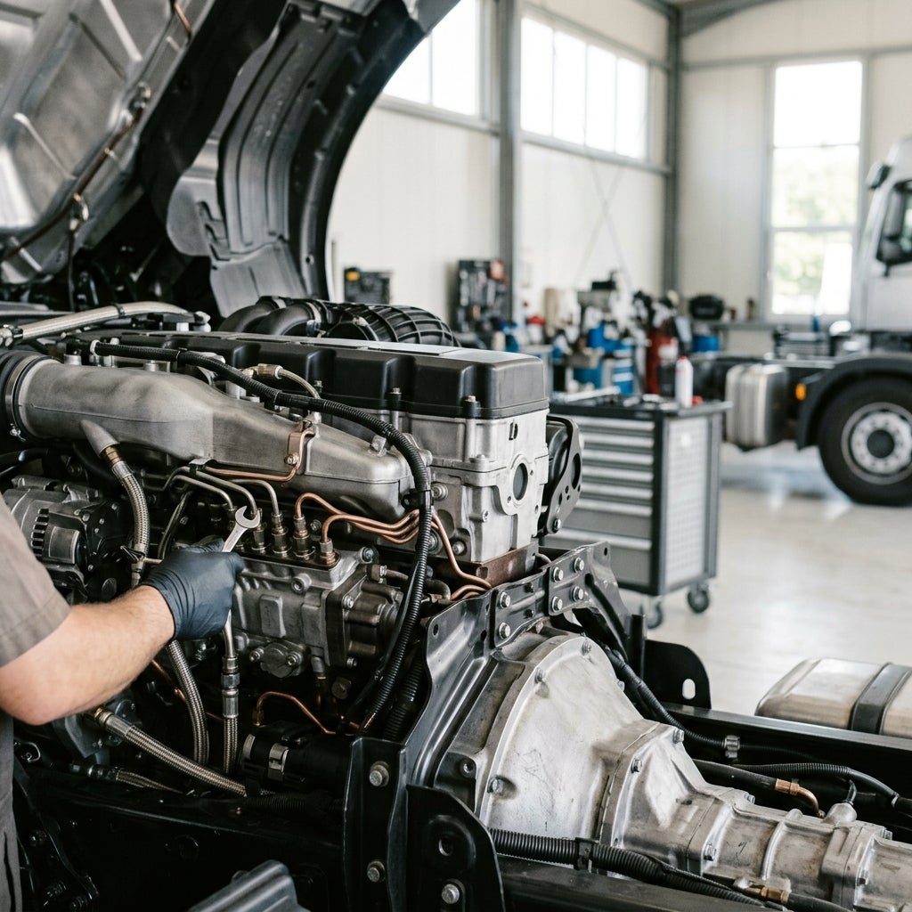 A mechanic wearing blue gloves uses a wrench to work on a commercial truck diesel engine in a service shop. (Representative image for illustration purposes only. Actual vehicle may vary based on trim and configuration.)