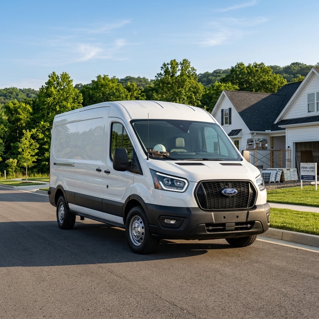 Commercial automotive photography, a pristine 2026 Ford Transit-150 cargo van in professional Oxford White, parked at a suburban residential construction site in the rolling hills of the Ohio-Pennsylvania border, three-quarter front view, low camera angle emphasizing the vehicle's capability, the va