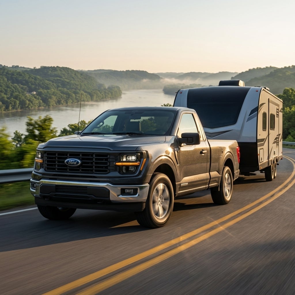 Cinematic photorealistic shot of a 2026 Ford F-150 PowerBoost Hybrid in a striking metallic charcoal finish, expertly navigating a winding asphalt road along the scenic riverfront bluffs of East Liverpool, Ohio. The truck is towing a large modern trailer, demonstrating immense strength and capabilit