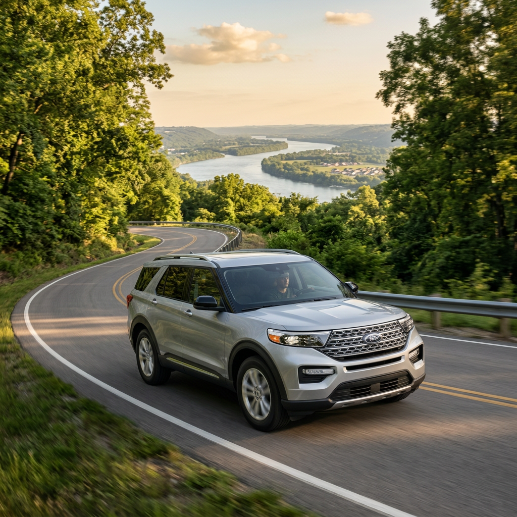 Silver Ford Explorer SUV driving on a winding mountain road overlooking a scenic river valley. (Representative image for illustration purposes only. Actual vehicle may vary based on trim and configuration.)