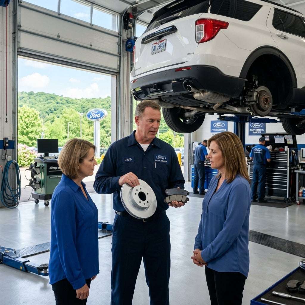 Cinematic, high-angle medium shot, a professional Ford service manager in a clean, dark blue technician’s uniform stands in a well-lit, practical service bay in Calcutta, Ohio, he holds a new, silver vented disc brake rotor in one hand and a set of fresh ceramic brake pads in the other, explaining t