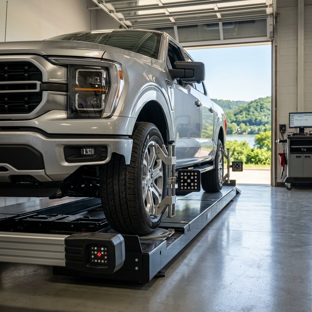 A 2026 Ford F-150 in a sleek Iconic Silver finish, positioned on a state-of-the-art laser wheel alignment rack inside a clean and modern dealership service bay, low-angle perspective focusing on the front wheel and precision alignment sensors, through the open service door a scenic view of the lush 