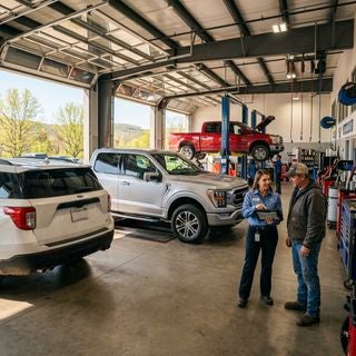 Cinematic wide-angle shot, interior of a bright and busy service bay at a Ford dealership in Calcutta, Ohio, a modern silver Ford F-150 and a white Ford Explorer parked over clean concrete floors, a professional service manager in a blue Ford uniform pointing to a digital diagnostic tablet while speaking with a customer, the customer is a middle-aged man in work clothes and a baseball cap, warm morning sunlight streaming through large garage windows, May spring weather showing budding green maple trees and a clear blue sky outside, a backdrop of neat tool chests and organized fluid canisters, realistic industrial lighting with soft lens flares, no logos or text, high-detail automotive textures, calm and reassuring atmosphere, vibrant natural colors, Appalachian plateau landscape visible through the open bay door.
