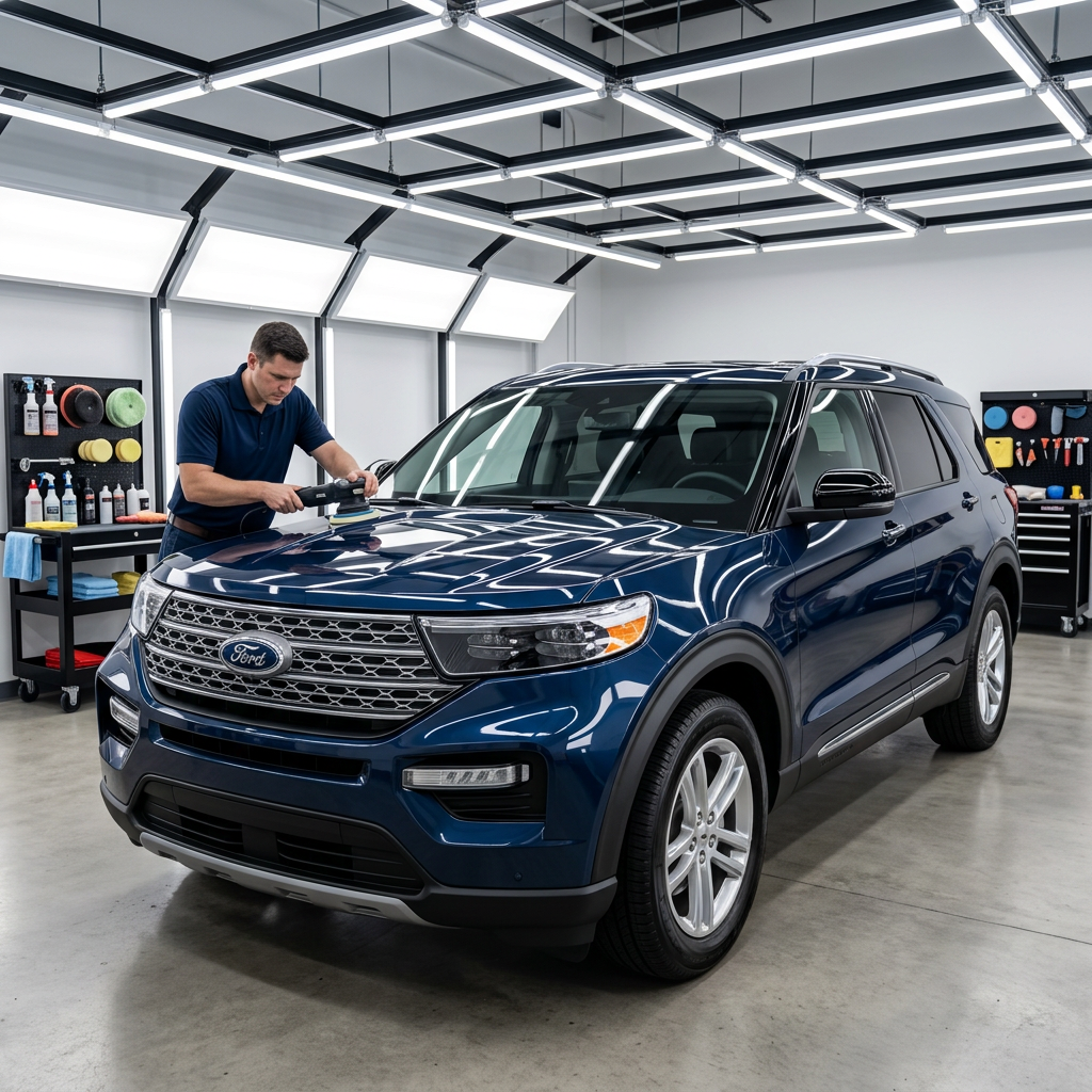A professional detailer uses a dual-action polisher on the hood of a blue Ford Explorer SUV in a brightly lit shop. (Representative image for illustration purposes only. Actual vehicle may vary based on trim and configuration.)