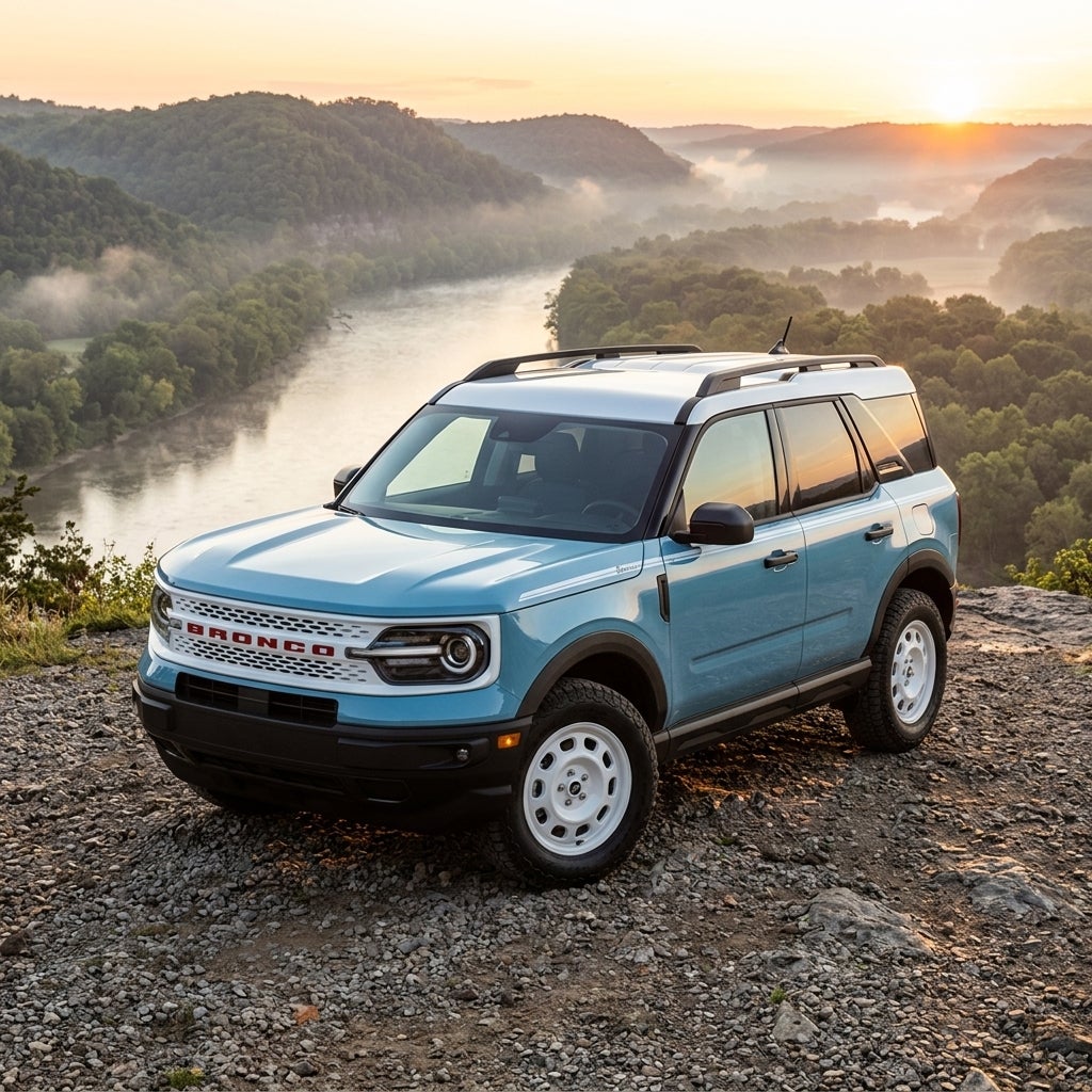 A 2026 Ford Bronco Sport Heritage in a vintage-inspired Robin’s Egg Blue with a signature Oxford White roof, parked on a scenic gravel overlook perched above the winding Ohio River, panoramic views of the Tri-State riverfront bluffs at dawn, soft morning mist rising from the water, lush deciduous fo