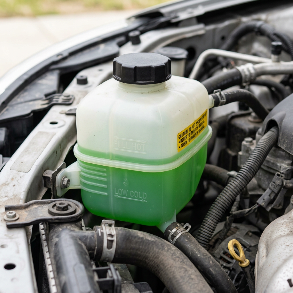 A close-up of a car engine bay showing a translucent coolant reservoir filled with bright green fluid. (Representative image for illustration purposes only. Actual vehicle may vary based on trim and configuration.)