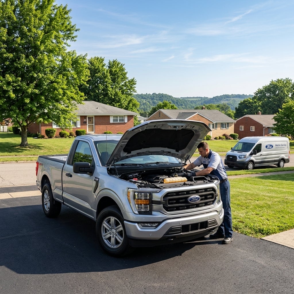 A practical, high-quality maintenance scene in a residential driveway in East Liverpool, Ohio, late June morning, a modern Ford F-150 with a 5.0L V8 engine parked on a clean asphalt drive, the hood is open revealing a pristine engine bay, a professional mobile service technician in a clean Ford unif