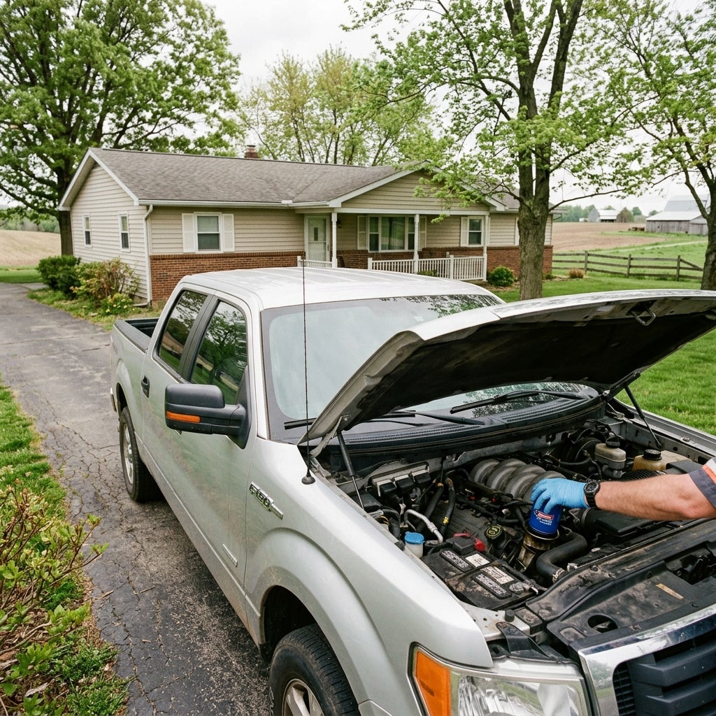 Wide-angle, eye-level shot, high-mileage 2026 Ford F-150 with a 5.0L V8 parked in a modest, asphalt driveway of a traditional 1950s ranch-style home in Beaver Township, Ohio, the truck is a practical metallic silver, showing slight road dust but well-maintained, hood propped open to reveal a clean e