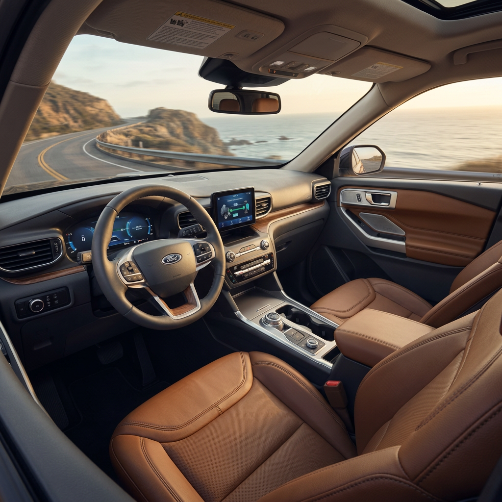 Interior of a modern SUV with brown leather seats, driving along a coastal highway. (Representative image for illustration purposes only. Actual vehicle may vary based on trim and configuration.)