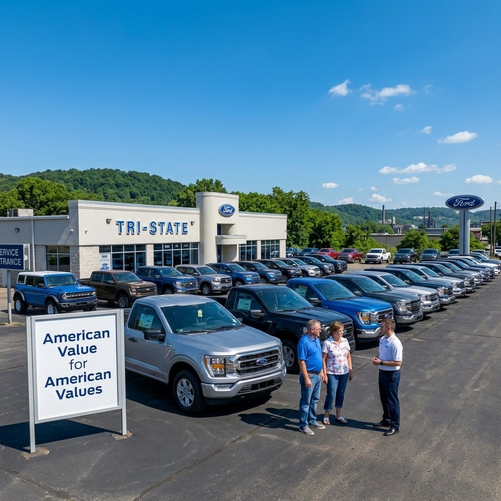A wide-angle, eye-level shot of a local Ford dealership lot in East Liverpool, Ohio, on a bright, clear Monday in mid-June. The focal point is a row of new Ford F-150 trucks and Explorer SUVs, their polished paint reflecting the brilliant summer sun and the deep blue sky. A simple, professional sign