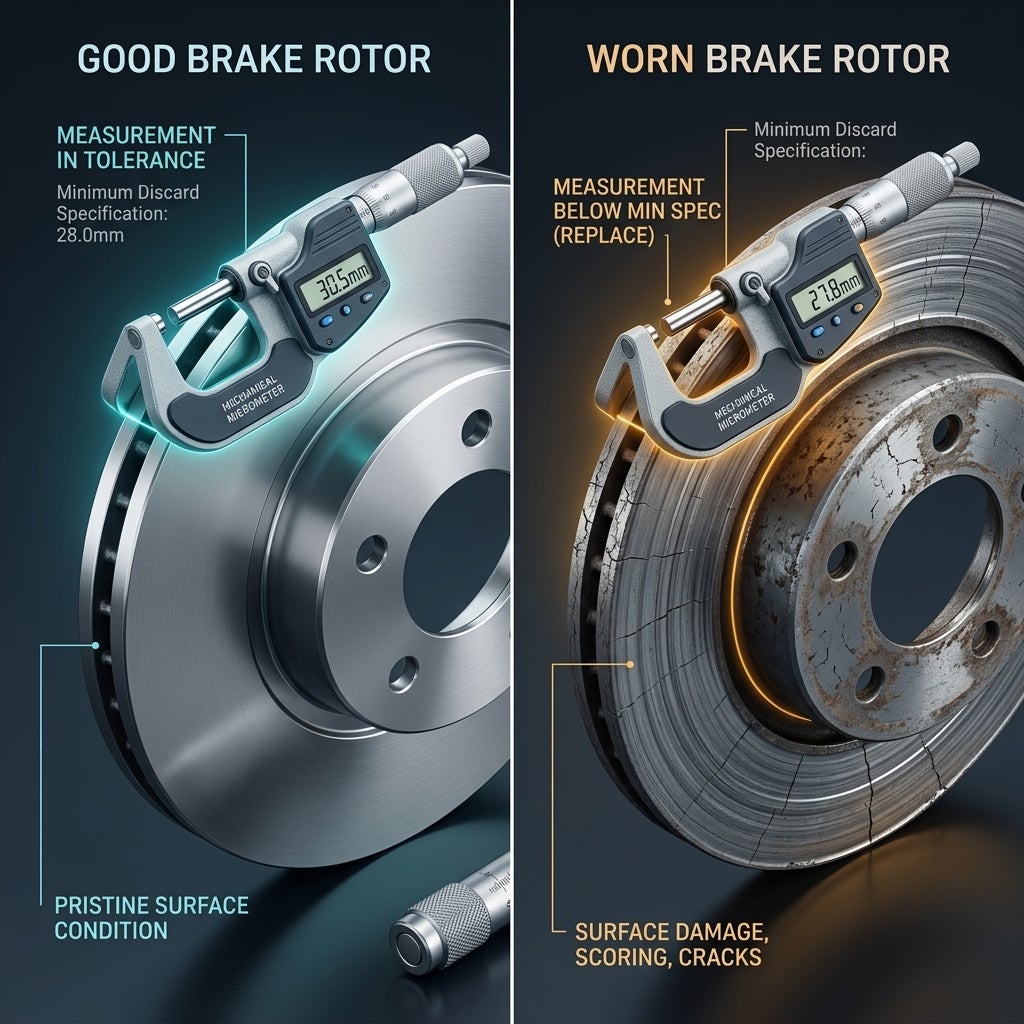 Side-by-side comparison showing micrometer measurements of a good brake rotor versus a worn, cracked brake rotor. (Representative image for illustration purposes only. Actual vehicle may vary based on trim and configuration.)