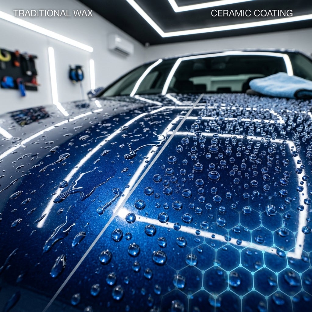 Comparison of irregular water sheets on traditional wax versus tight, round water beads on ceramic coating on a blue car. (Representative image for illustration purposes only. Actual vehicle may vary based on trim and configuration.)