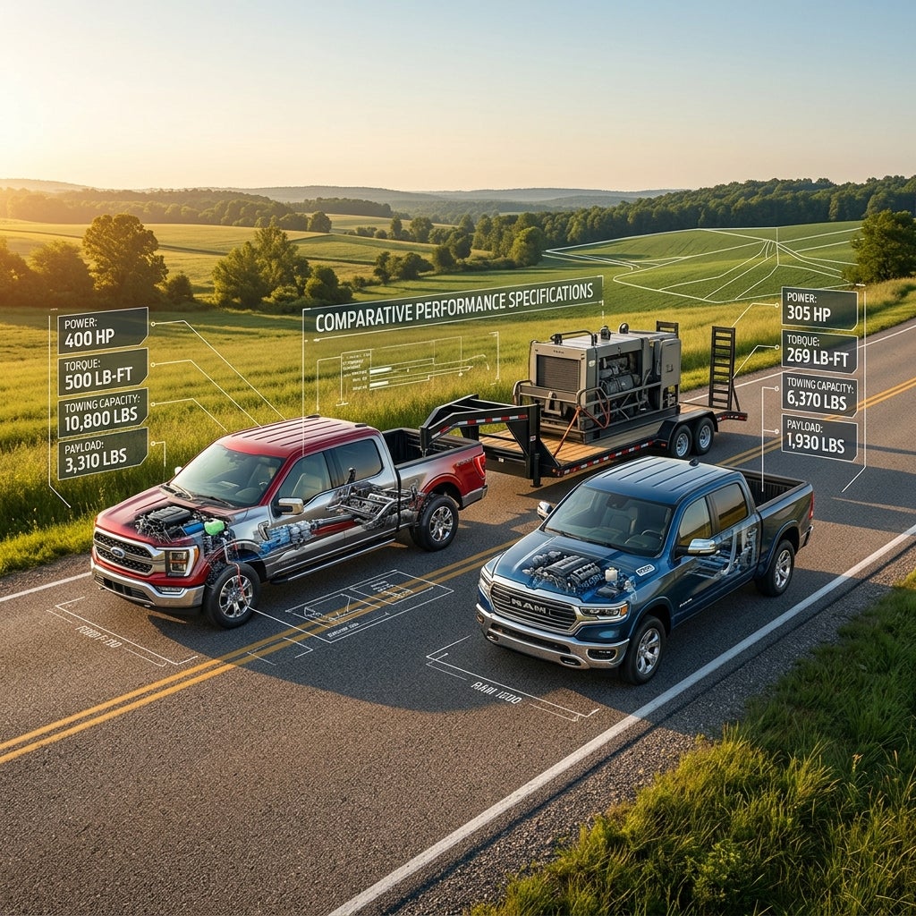 Infographic comparing Ford F-150 and Ram 1500 performance specs like horsepower, torque, towing, and payload. (Representative image for illustration purposes only. Actual vehicle may vary based on trim and configuration.)