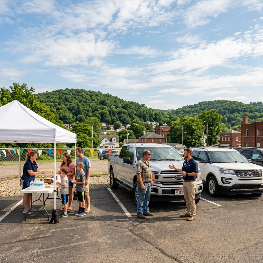 Wide-angle shot, lot in East Liverpool, Ohio, during a clear summer afternoon in late July, bright warm sunlight, blue sky with wispy white clouds, the scene is centered on a paved lot with a silver Ford F-150 and a white Ford Explorer as focal points, practical and durable vehicles suited for the r