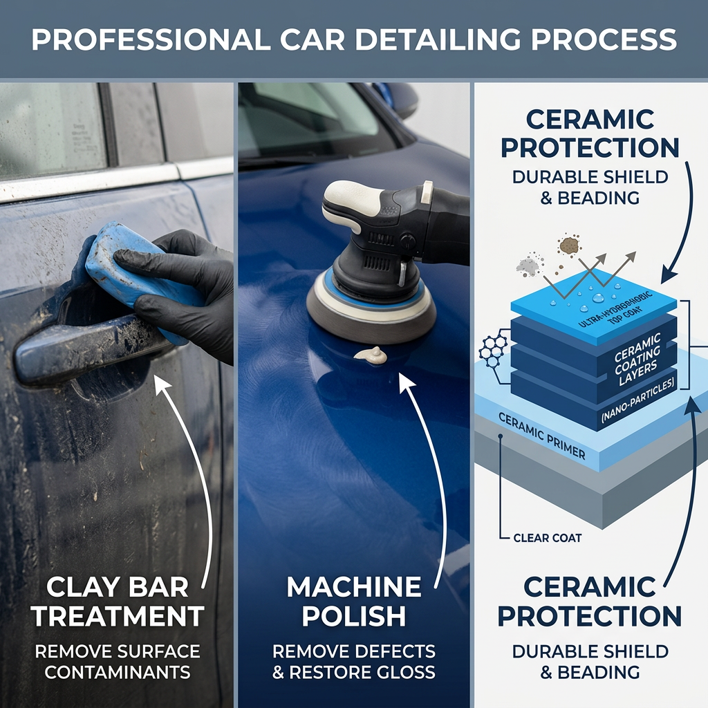 Three-step professional car detailing infographic: Clay Bar, Machine Polish, and Ceramic Protection. (Representative image for illustration purposes only. Actual vehicle may vary based on trim and configuration.)