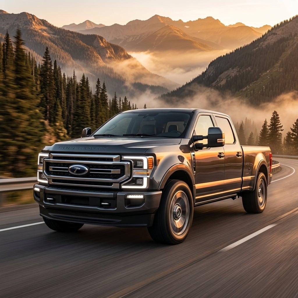 A grey Ford Super Duty pickup truck driving on a winding mountain road at sunrise with misty valleys in the background. (Representative image for illustration purposes only. Actual vehicle may vary based on trim and configuration.)