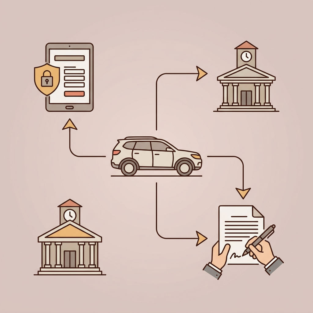 Infographic showing a car linked by arrows to online security, legal signing, and a municipal building. (Representative image for illustration purposes only. Actual vehicle may vary based on trim and configuration.)