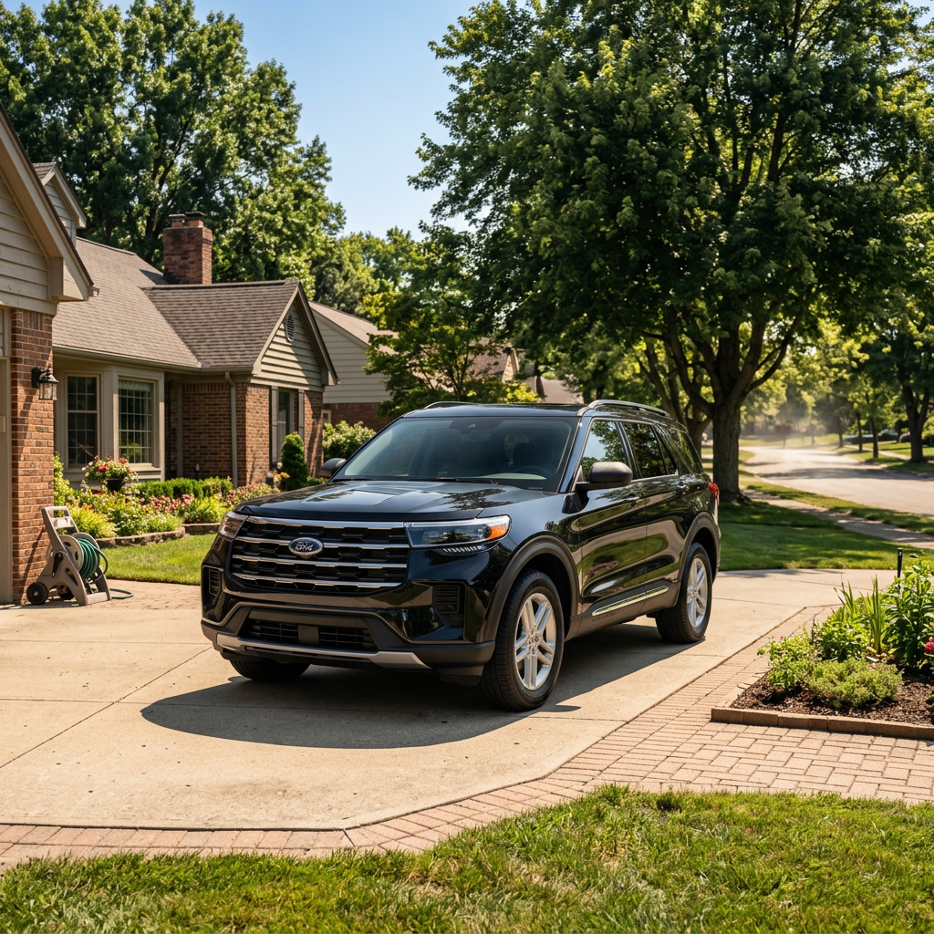 A black Ford Explorer SUV parked on a concrete driveway in front of a brick house. (Representative image for illustration purposes only. Actual vehicle may vary based on trim and configuration.)