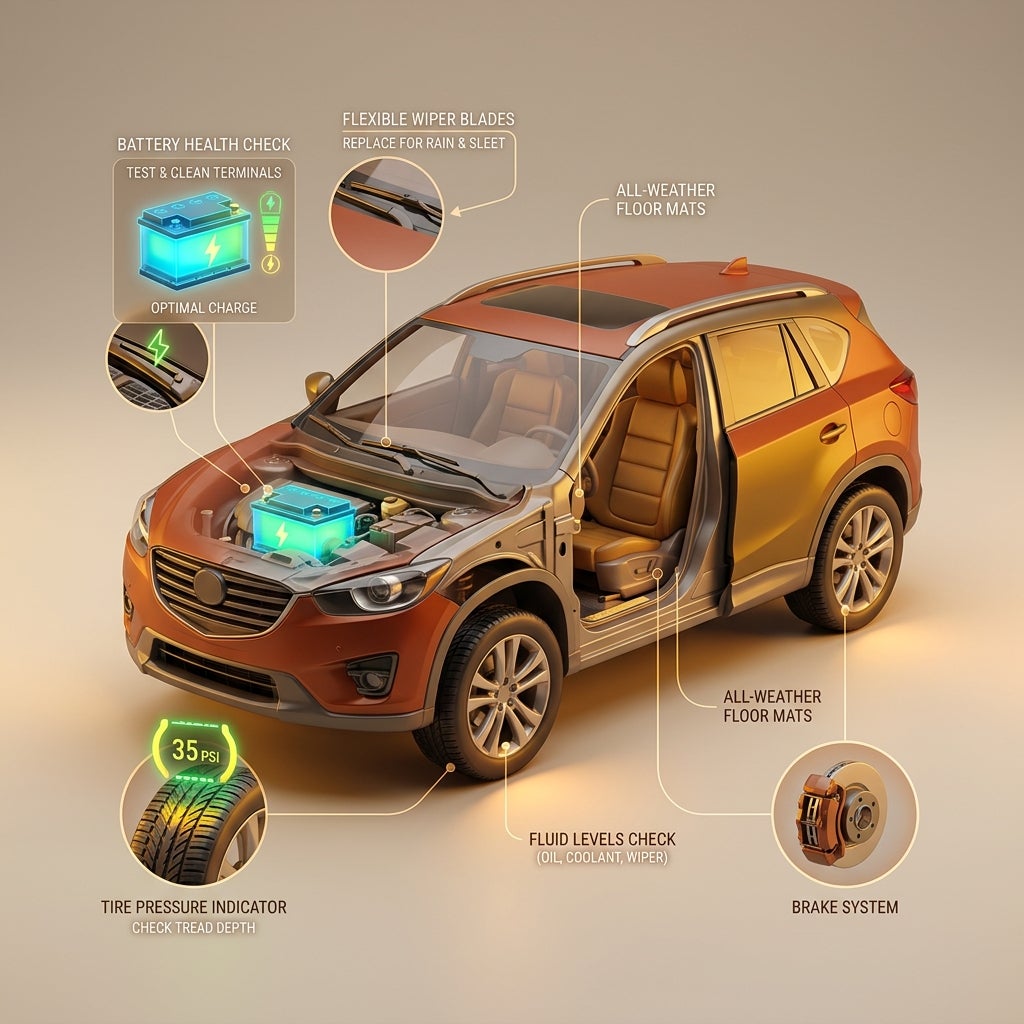 Diagram of an orange SUV detailing essential maintenance checks like battery, tires, brakes, fluids, and wipers. (Representative image for illustration purposes only. Actual vehicle may vary based on trim and configuration.)