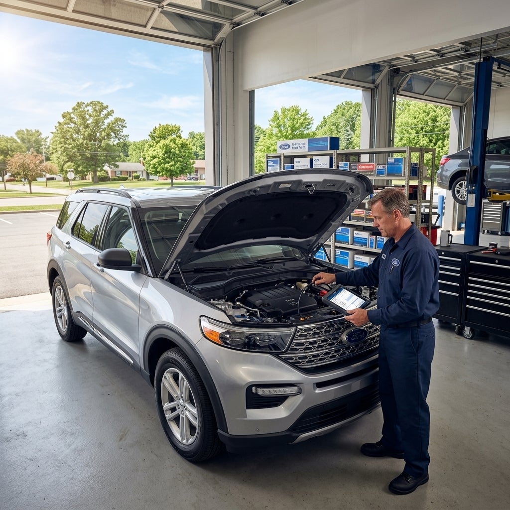 Wide-angle shot, exterior, professional service bay at a local Ford dealership in East Liverpool, Ohio, late morning, Friday, June 19, 2026, warm early summer sunlight, bright blue sky with light wispy clouds, a silver Ford Explorer with its hood propped open is the focal point, a factory-trained te