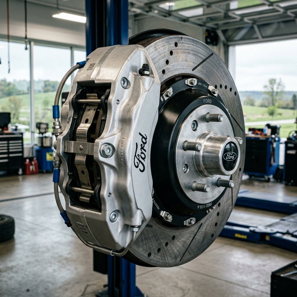 A high-detail close-up of a genuine Ford brake rotor and silver metallic caliper, precision-engineered surfaces with micro-machined textures catching the light, professional automotive studio photography style, shallow depth of field with a blurred background of a modern high-tech service bay, large