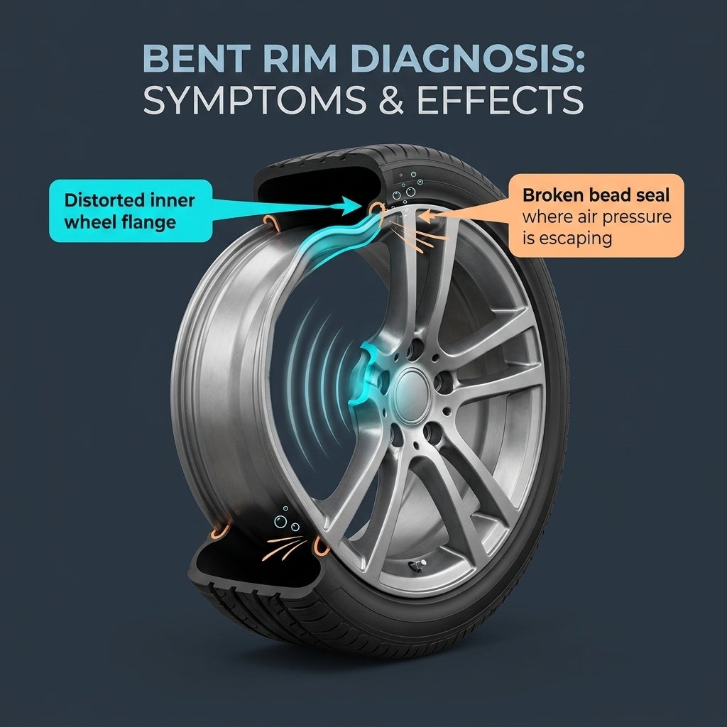 Diagram showing a bent car wheel rim, distorted inner flange, and broken bead seal causing air leakage. (Representative image for illustration purposes only. Actual vehicle may vary based on trim and configuration.)