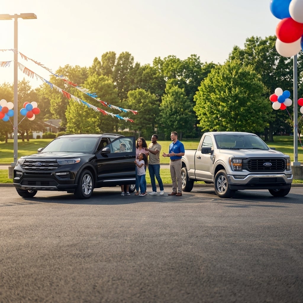 Cinematic automotive photography, a pristine 2026 Ford Explorer and a 2026 Ford F-150 parked side-by-side on a polished asphalt dealership lot, festive atmosphere with red, white, and blue balloons and ribbon bunting fluttering in a light breeze, a young family excitedly exploring the SUV's features