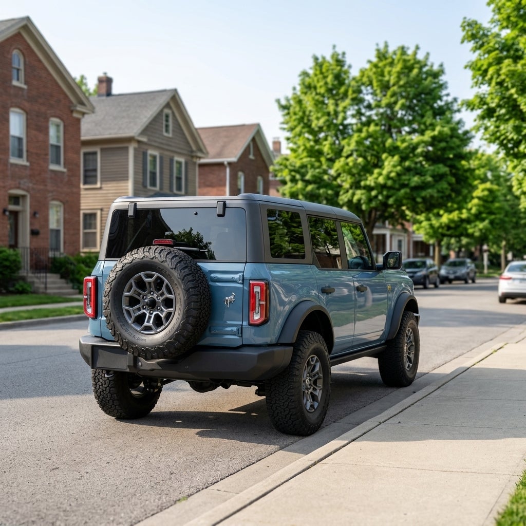 Cinematic automotive photography, rear three-quarter view of a modern 2022 Ford Bronco in Area 51 blue, parked on a clean residential street in a small American town, traditional brick and wood-frame houses in the background, sharp focus on the rear tailgate and spare tire assembly where the rearvie