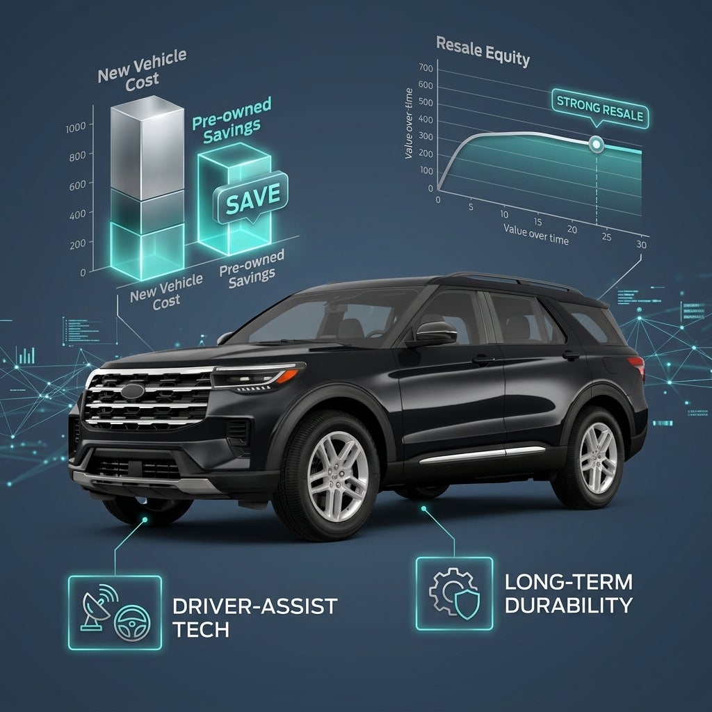 Infographic displaying a black SUV alongside financial charts for pre-owned savings, resale equity, and key tech features. (Representative image for illustration purposes only. Actual vehicle may vary based on trim and configuration.)
