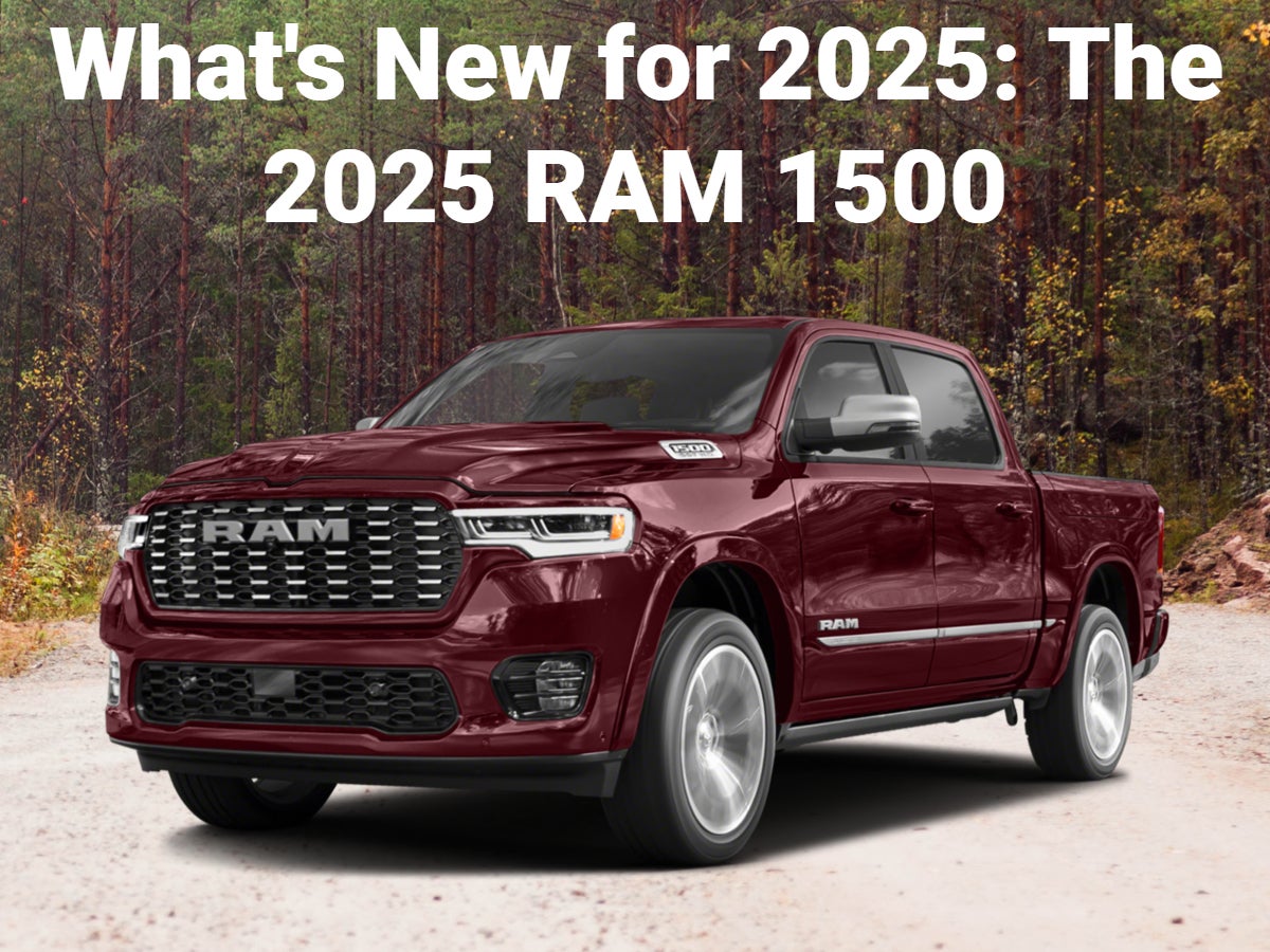 A photo of a red 2025 RAM 1500 and the text: What's New for 2025: The 2025 RAM 1500