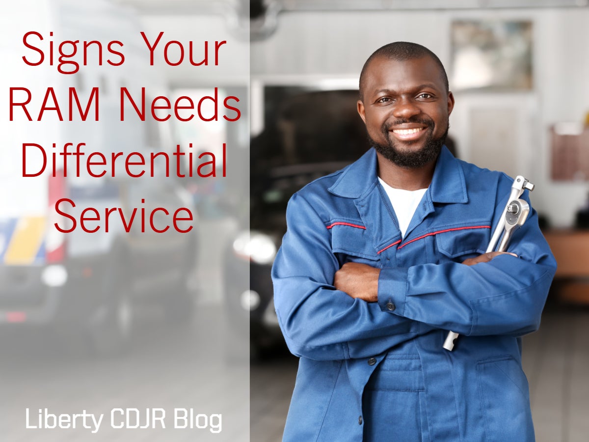 A graphic featuring a mechanic and the text: Signs Your RAM Needs Differential Service Service - Liberty CDJR
