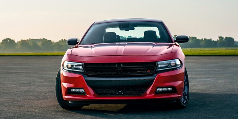 Front view of a red Dodge Charger parked on an asphalt road with a blurred green field and trees in the background.