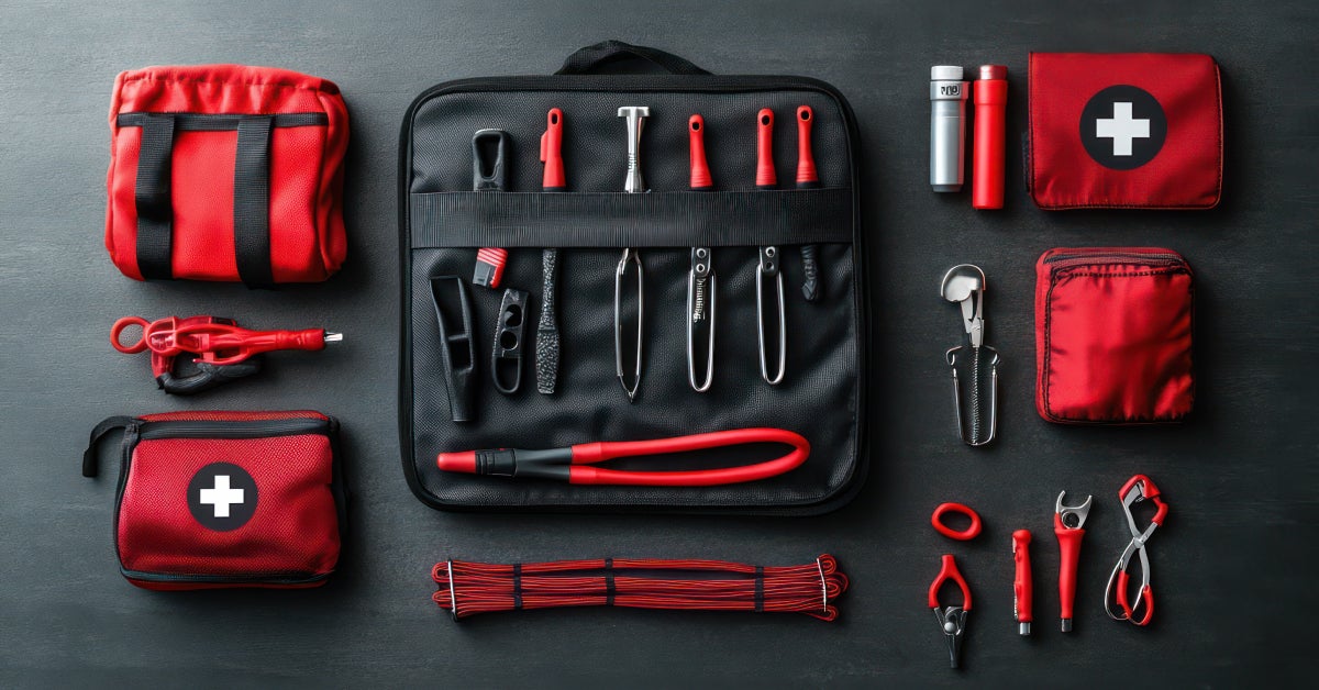 A compact emergency kit designed for car use, featuring a jumper cable, flares, and basic first aid materials for roadside safety.