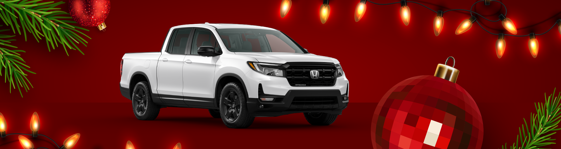 A white Honda Ridgeline pickup truck on a festive red holiday background.