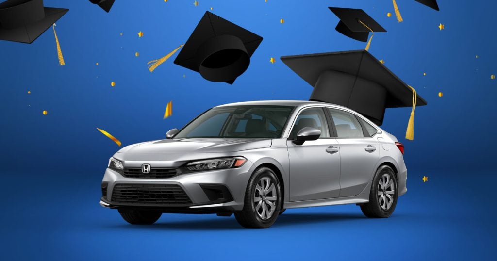 A Honda Civic overlaid on a blue background with graduation caps tossed above it, making this the perfect first car for your graduate. Shop for your Honda at Stonecrest Honda near Atlanta.