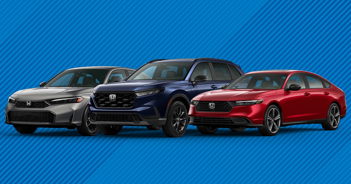 A line-up of Honda Hybrid models including a Honda Civic, Honda CR-V and Honda Accord.