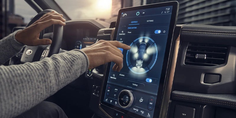 Close up shot of the 2023 Ford F 150 Lightning control panel highlighting its incredible technology features.