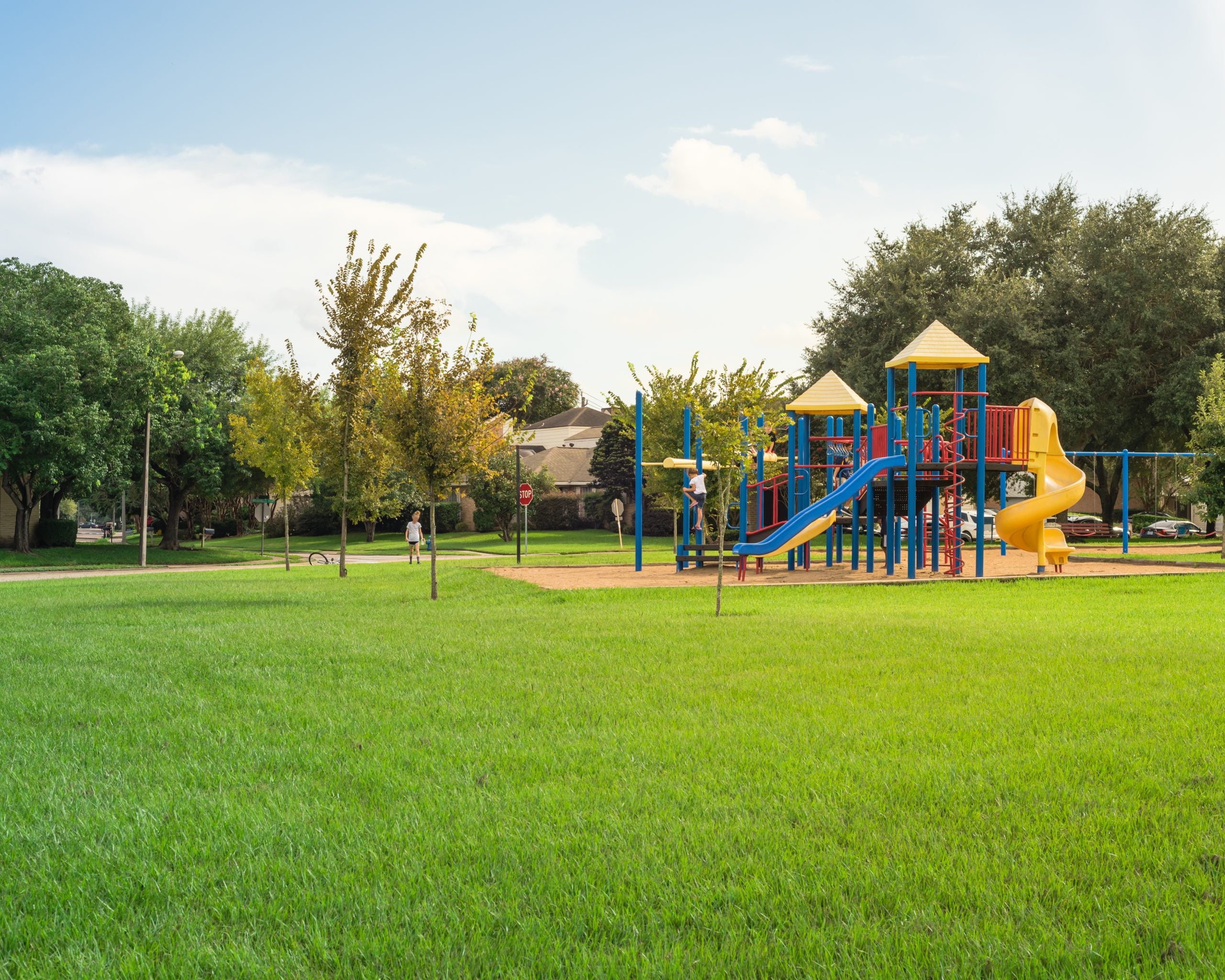 A photo of a park with a playground