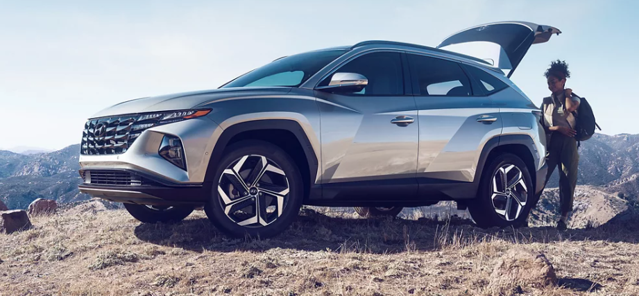 2024 New Hyundai Tucson in silver paint parked on a hill top.