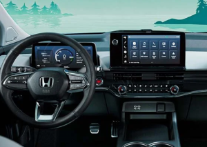 The interior of a 2024 Honda Prologue, with an illustrated view of a watery landscape through the windshield near Ontario, California