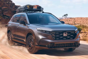 A 2024 Honda CR-V driving down a dirt road near Ontario, California.