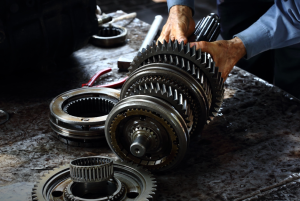 A car's transmission being worked on near Ontario, California