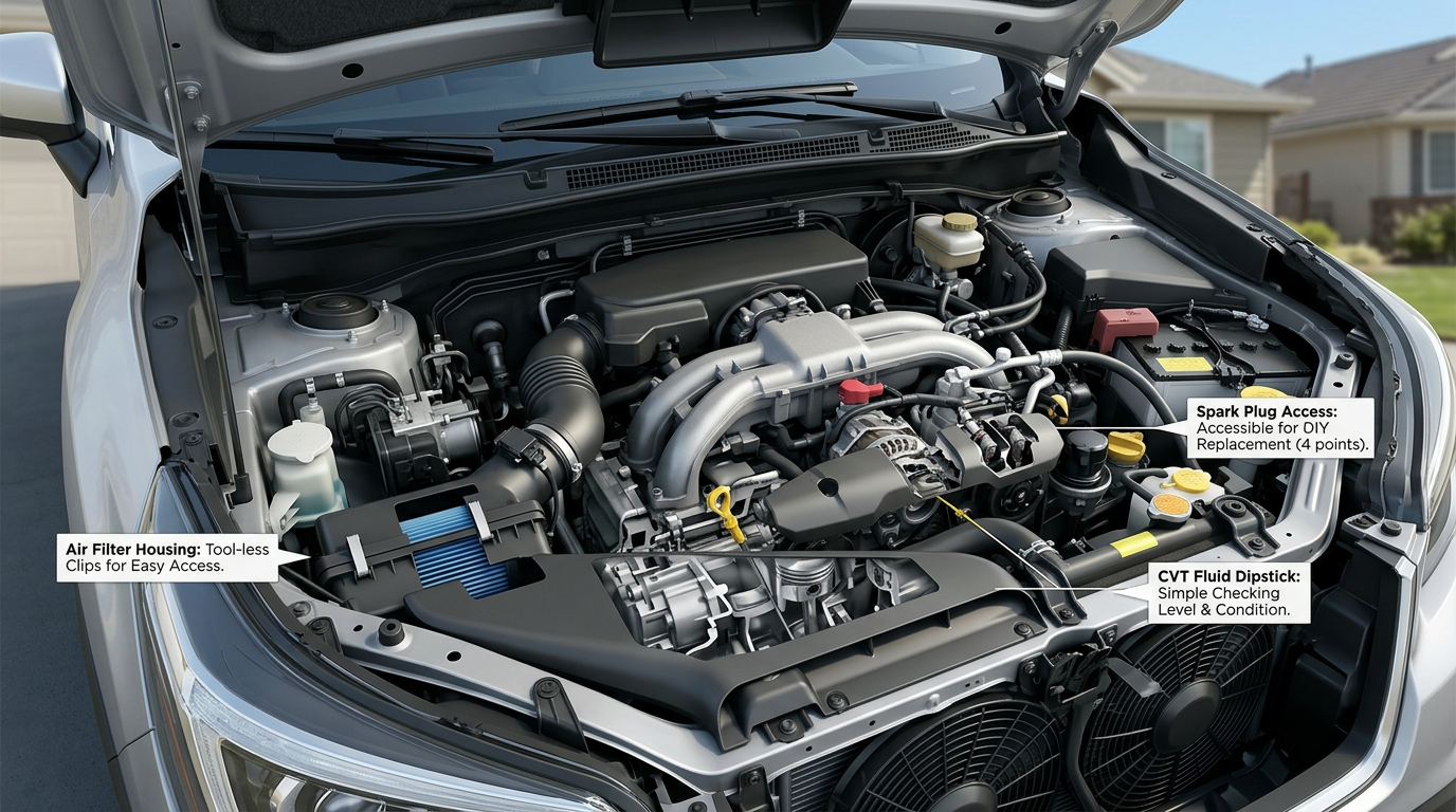 Labeled diagram of a car engine bay highlighting diy maintenance points. (Representative image for illustration purposes only. Actual vehicle may vary based on trim and configuration.)